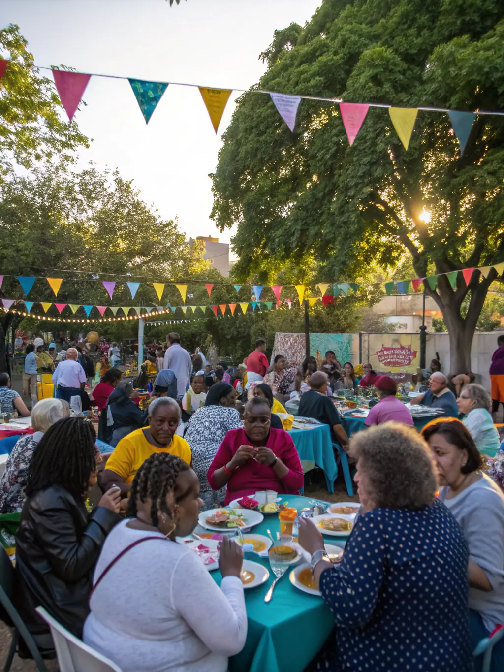 A photograph capturing a community gathering organized by AILKD, showing people of different backgrounds interacting, sharing food, and celebrating together.