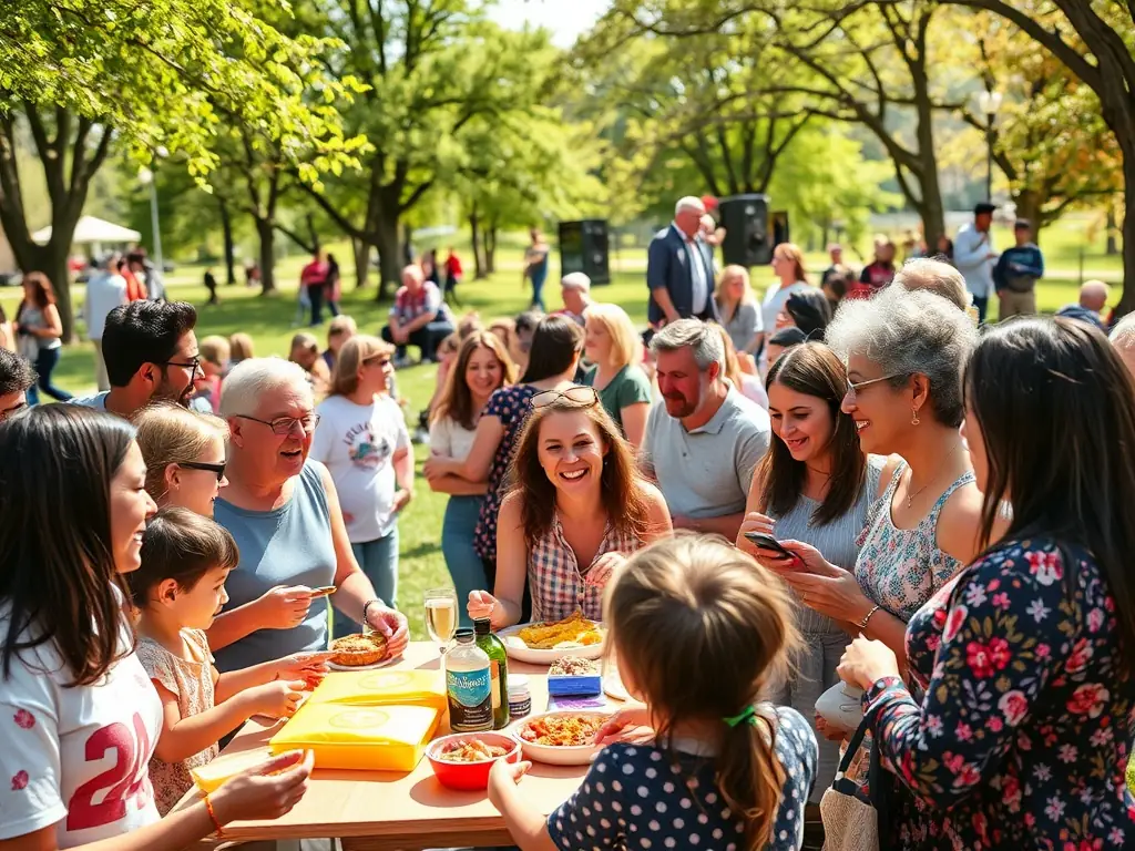 A photo of a community gathering organized by AILKD, showing people of all ages and backgrounds interacting and enjoying each other's company, emphasizing the organization's focus on community building.