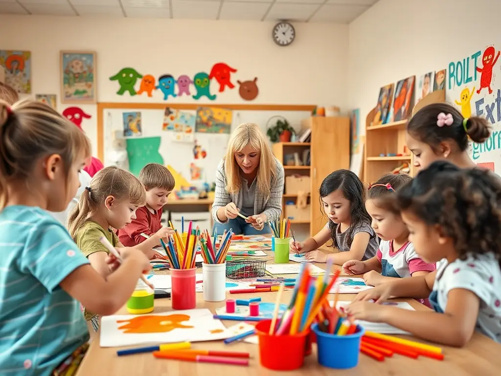 An image depicting a group of children participating in an art workshop organized by AILKD, with colorful paintings and enthusiastic instructors, highlighting the organization's commitment to education.